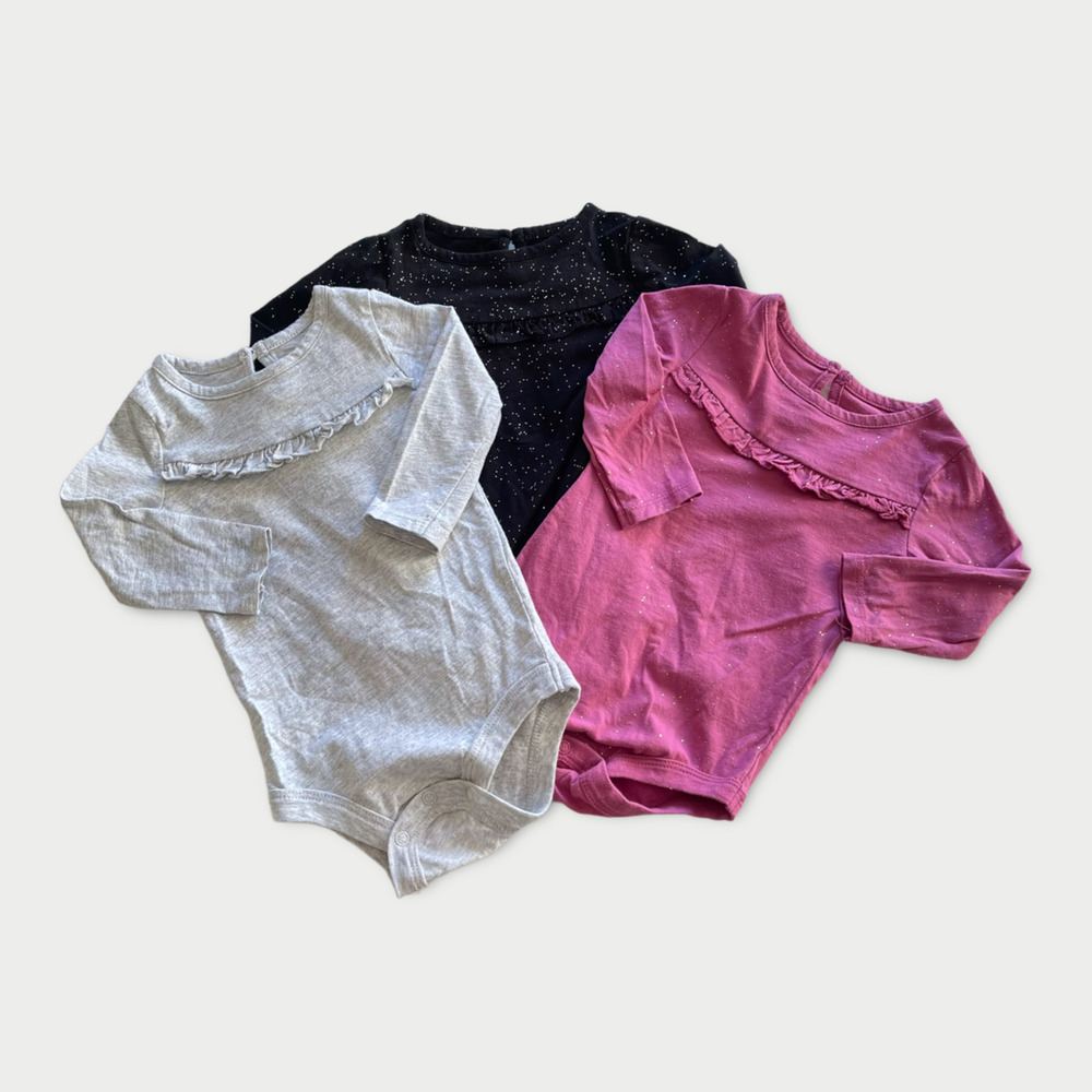 Infant Baby Sparkle Bodysuits Set of 3 6–12M Long Sleeve Ruffle Detail